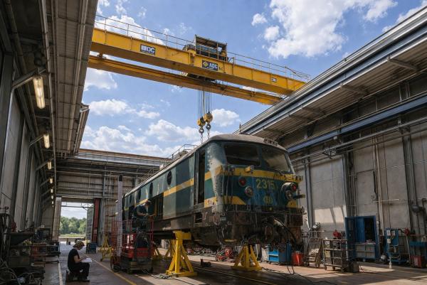 Bâtiment industriel à toit ouvrant pour stockage de locomotive avec pont roulant permettant manutention verticale lourde et accès direct par grue pour pièces hors gabarit