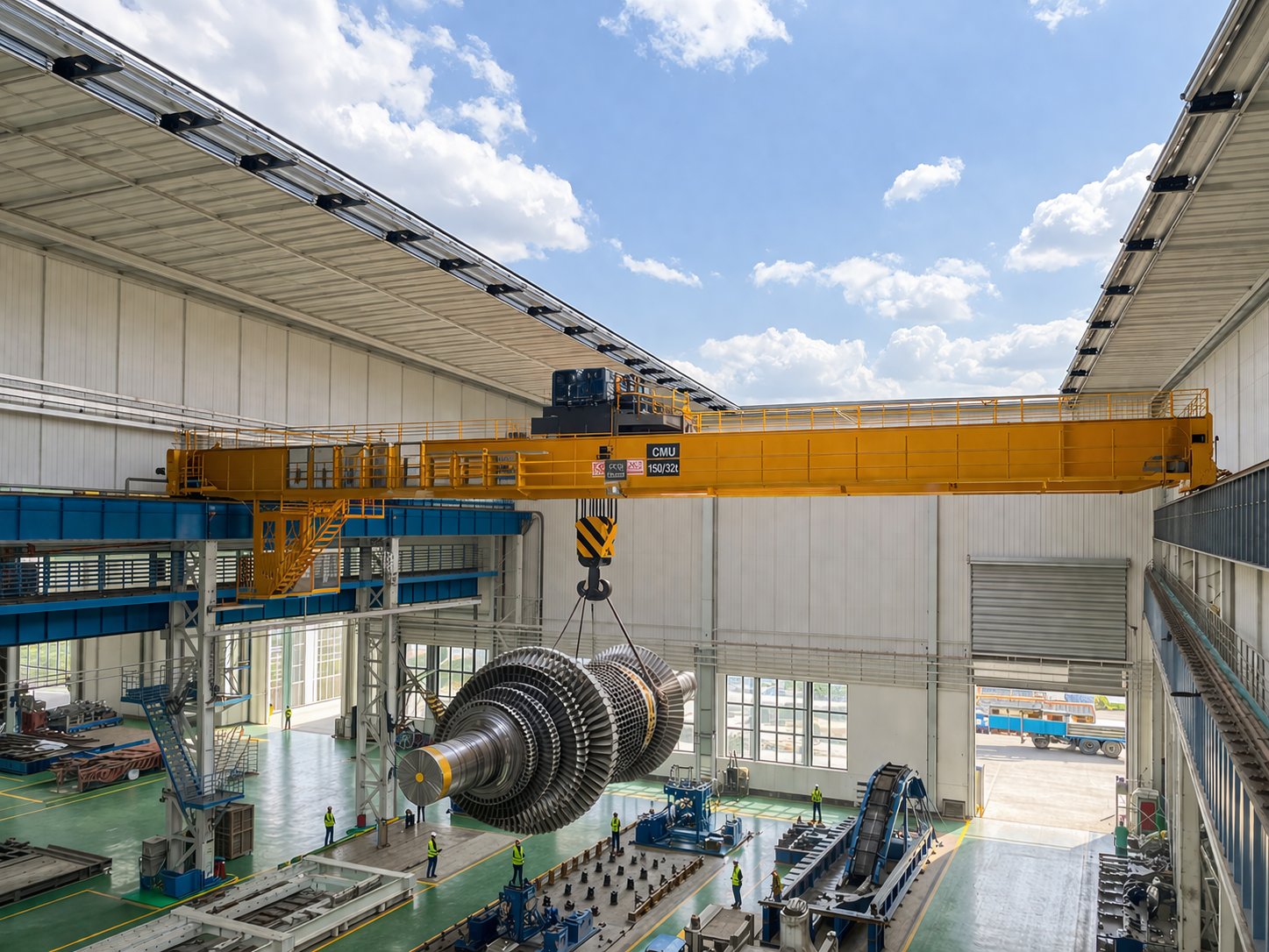 Atelier industriel avec toit ouvrant pour stockage de turbine permettant manutention verticale par grue et accès total par ouverture de toiture pour pièces lourdes