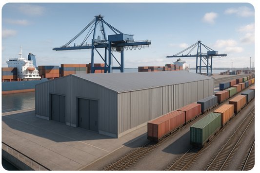 ALT Hub logistique multimodal avec connexion rail, route et maritime, bâtiment modulaire permettant centralisation des flux et stockage logistique industriel