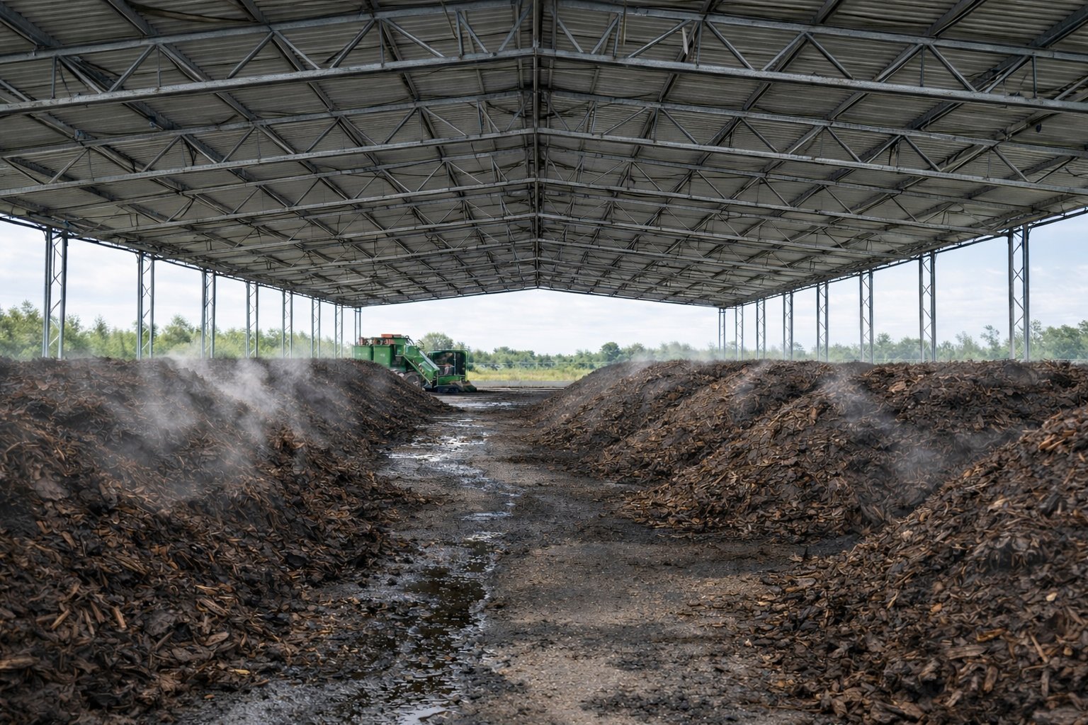 retournement andains compost chargeuse chantier compostage industriel dechets verts fermentation compost