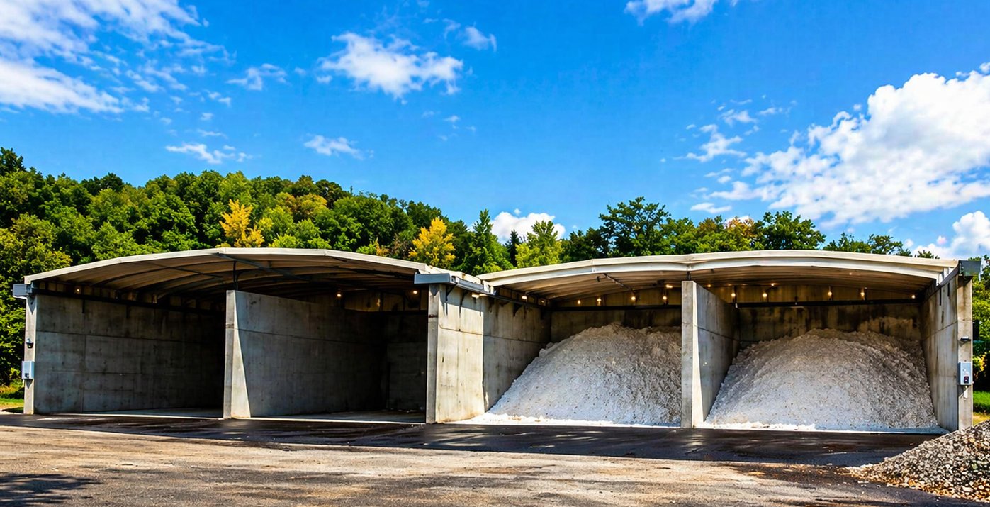 Abri sel toit découvrable rétractable haute performance sur murs béton banché stockage extérieur collectivités DDE / DIR  stockage sel déneigement fondant routier